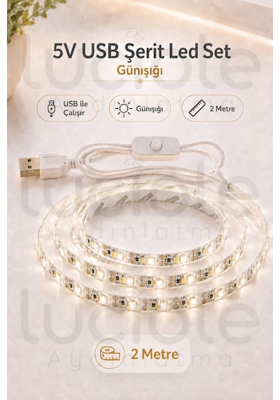2 Metre Günışığı Usb Şerit Led 5v Aç Kapa Anahtarlı Mutfak Tv Masa Raf Powerbank Işık