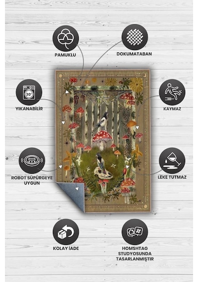 Homshtag Art Deco Mantar Desenli Halı Bitki Temalı Soft Renkli Modern Dijital Baskı Çiçekli Halı Çok Renkli