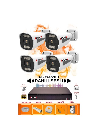 Fury 4 Lü Sesli 6 Warm Led Gece Renkli Görüş Su Geçirmez Güvenlik Kamerası Seti 1tb
