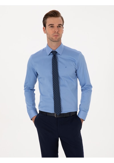 Cacharel Koyu Mavi Slim Fit %100 Pamuk Klasik Gömlek