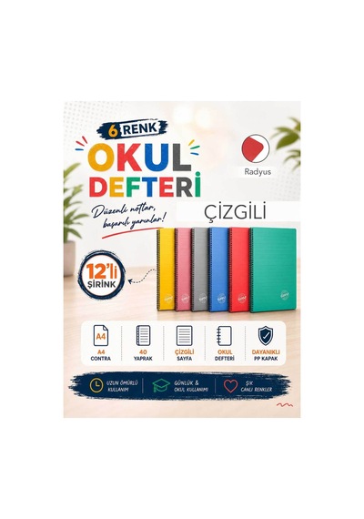 Contra Pp Kapak Spiralli 40 Yaprak A4 Çizgili 12 Adet Defter Çok Renkli