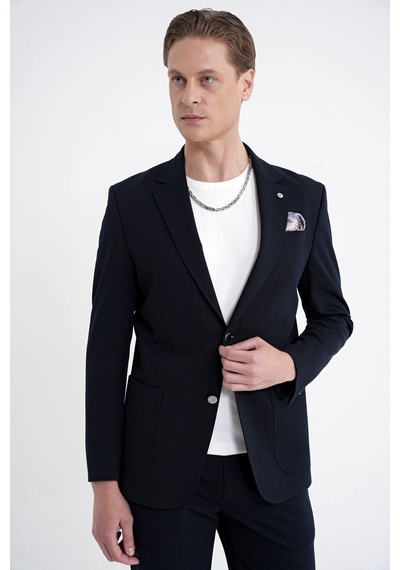 Comfort Fit Çift Yırtmaç Torba Cep Metal Düğmeli Lacivert Blazer Ceket C 734