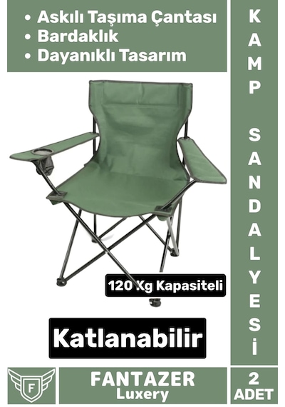 Fantazer Dayanıklı Askılı Taşıma Çantalı Bardaklık Yeri 120 Kg Kapasiteli Katlanabilir Kamp Sandalyesi 2 Adet Çok Renkli