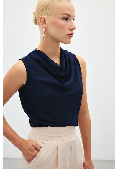 Sateen Degaje Yaka Kolsuz Bluz - Lacivert