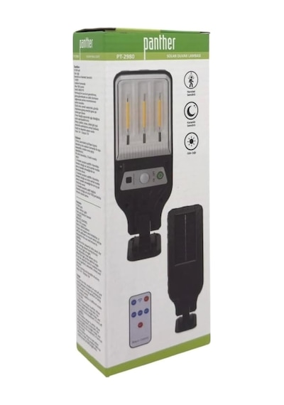 Panther Pt-2980 Solar Duvar Lambası, 3 Cob Led, Hareket Sensörü, Uzaktan Kumanda, Siyah Diğer