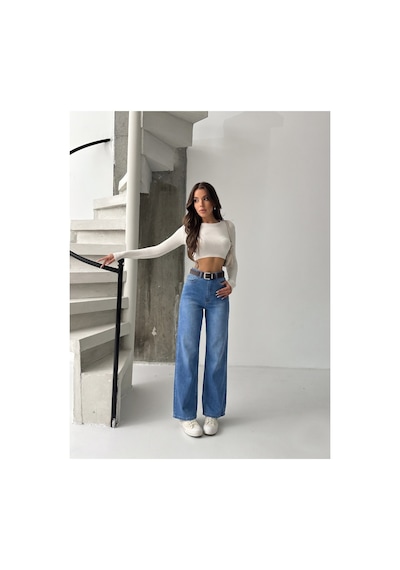 Bluemarlin Mavi İşlemli Likralı Kemerli Tam Kalıp Denim Pantolon Mavi İşlemli