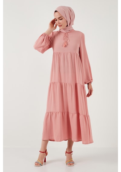 Lela Modest Regular Fit Dik Yaka Uzun Bayan Elbise 611El545 Gül Kurusu