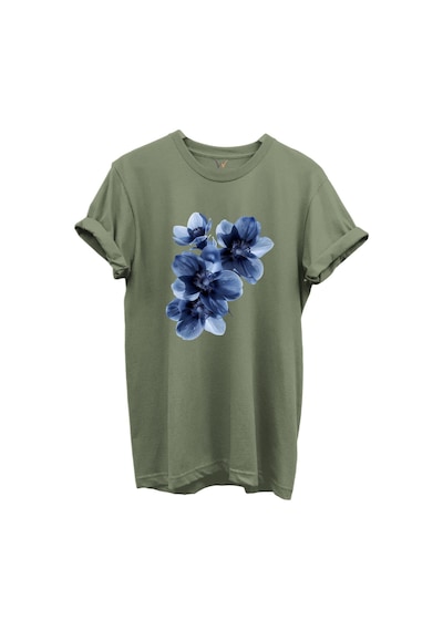 Mavi Çiçek Desenli Kadın %100 Pamuk Regular Fit Bisiklet Yaka T-shirt Haki