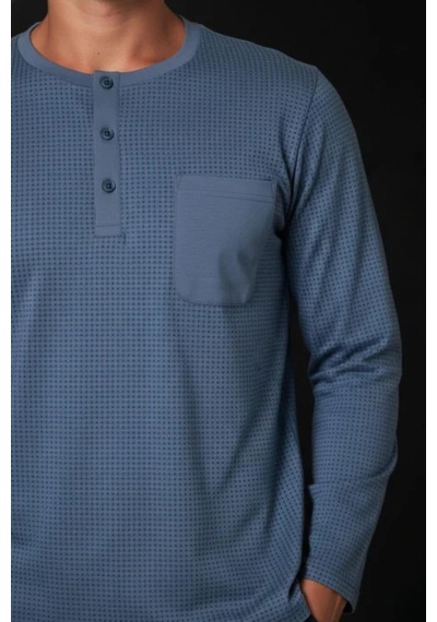 Gd Goldoremi Premium Erkek Cepli Düğmeli Yaka Uzun Kollu Pamuklu Pijama Takım Mavi