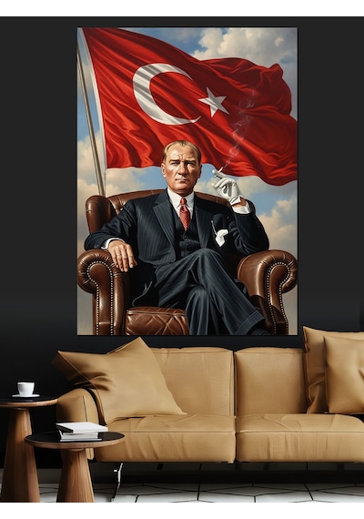 Ahşap Tablo Koltukta Oturan Gururlu Atatürk Portresi