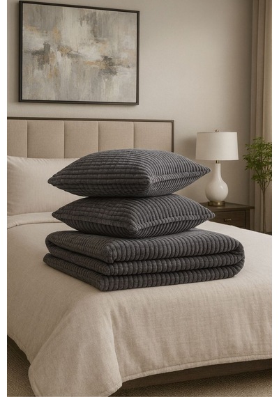 Merinos Modern Line 3 Parça Battaniye Seti 2 Yastık Kılıflı 220x240 Gri
