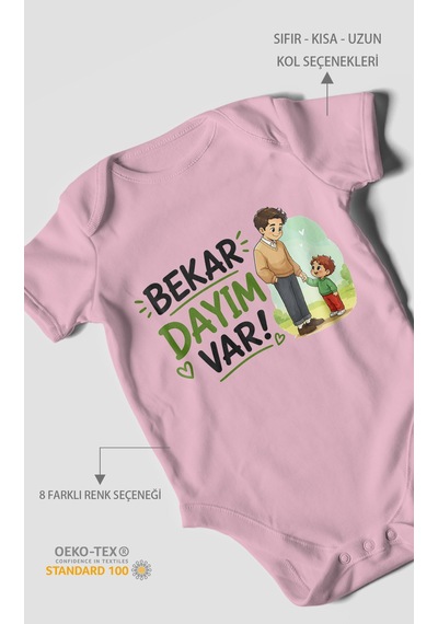 Morivokids Bekar Dayım Var Kısa Kollu Bebek Body %100 Pamuk Koyu Pembe