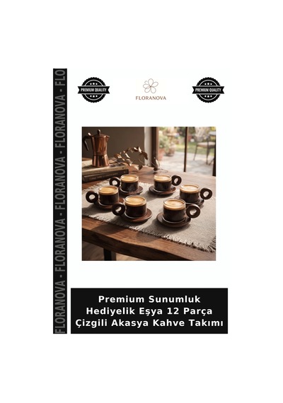 Premium Sunumluk Hediyelik Eşya 12 Parça Çizgili Akasya Kahve Takımı Çok Renkli