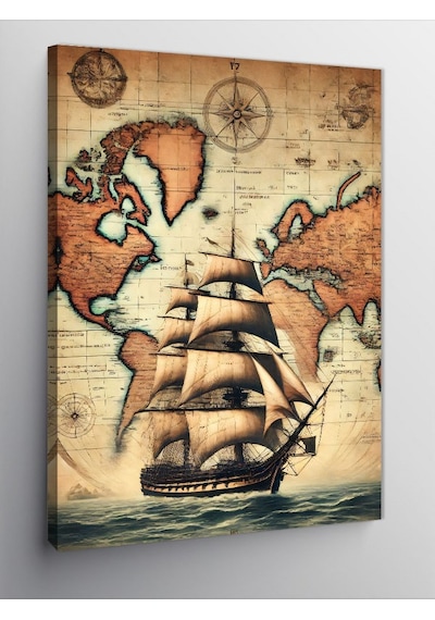 Kanvas Tablo Antik Gemi Ve Dünya Haritası 100cmx140cm
