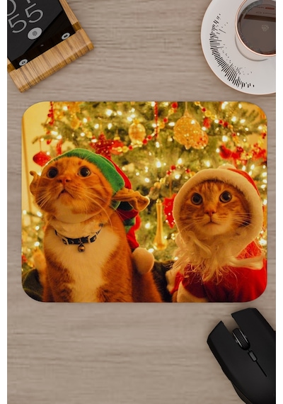 Yeni Yıl Kediler- Kedi- Yılbaşı V1 22x18 Gaming Kauçuk Kaymaz Taban Mouse Pad Fare Altlığı