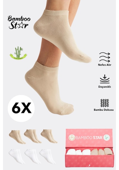 Bamboo Star Bambu Kadın Patik Düz Beyaz - Krem Çorap Dikişsiz Premium Kutulu 6'lı Paket Krem - Beyaz