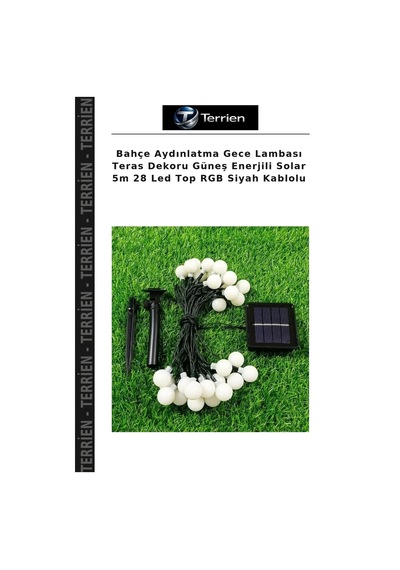 Bahçe Aydınlatma Gece Lambası Teras Dekoru Güneş Enerjili Solar 5m 28 Led Top Rgb Siyah Kablolu