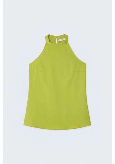 Sateen Halter Yaka Bluz - Yağ Yeşili-137727