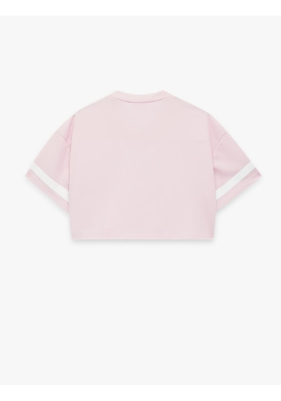 Koton V Yaka Kısa Kollu Bisiklet Yaka Baskılı Crop Tişört Pembe 6skg10046ak Gül