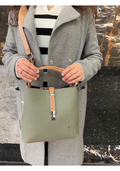 Just Polo Kadın Gofraj Baskılı Büyük Boy El Çantası 4028 Yeşil Camel
