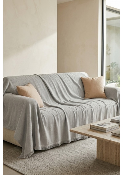 İskandinav Dokulu Pamuklu Saçaklı Koltuk Örtüsü Ve Koltuk Şalı Kaymaz Terletmez 180x300 Cm Açık Gri