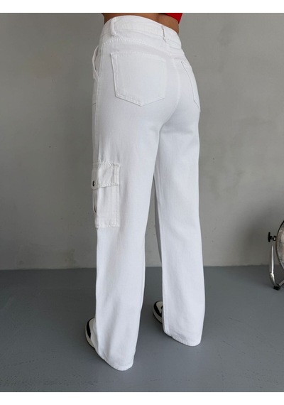 Gabardin Pantolon Wide-leg Fit Yüksek Bel Kargo Cepli Beyaz