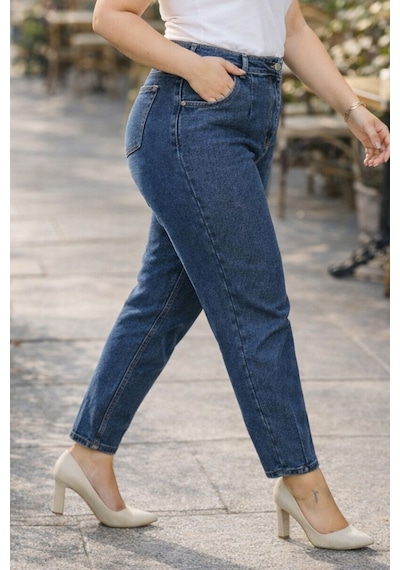 Cedy Denim Mom Fit Jean Büyük Beden Yüksek Bel Carrot Kesim Dar Paça Pileli Esnek Kot Pantolon C600 Mavi