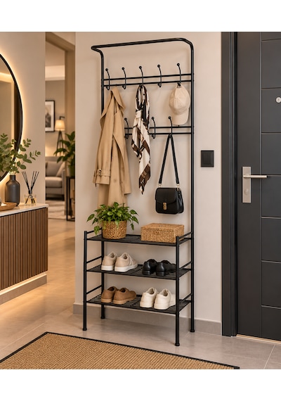 Siyah Alüminyum Vestiyer Askılık 3 Katlı Ayakkabılık Çok Amaçlı Portmanto 68x34,5x186 Cm