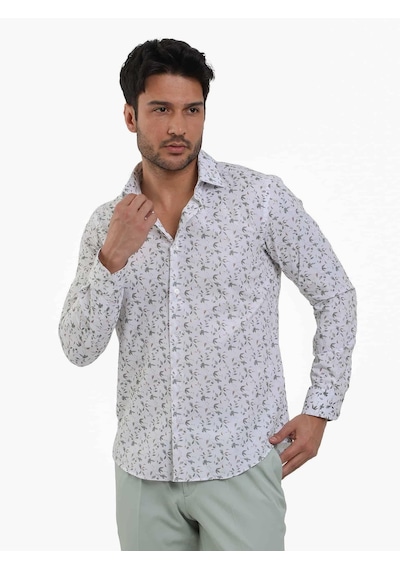 Dufy Yeşil Erkek Slim Fit Çiçek Desenli Brent Yaka Uzun Kol Gömlek - 104785-yeşil Yeşil