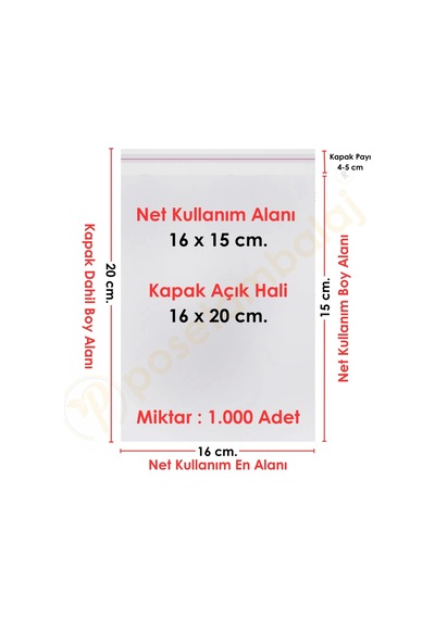 16x15+5 Cm. 16x20 1.000 Adet Şeffaf Bantlı Yapışkanlı Opp Poşet