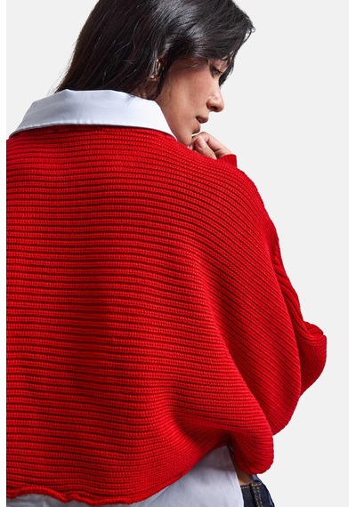 Kadın Kırmızı W6-19 Oversize Tek Parça Gömlek Yaka Detaylı Tasarım Triko Kazak