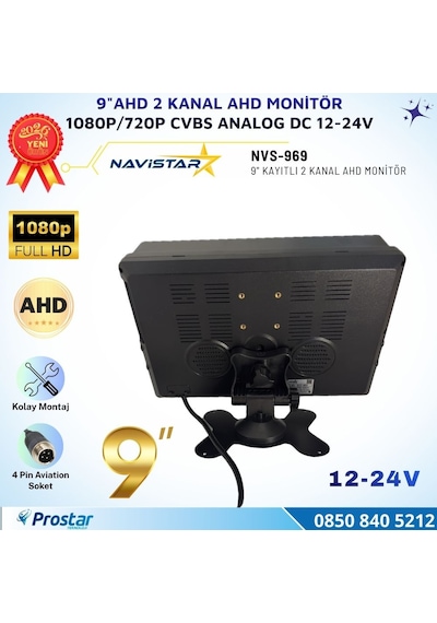 9 İnç Ahd 2 Kanal Full Hd Araç Monitörü Ahd 1080p/720p + Cvbs Analog Uyumlu 12-24v
