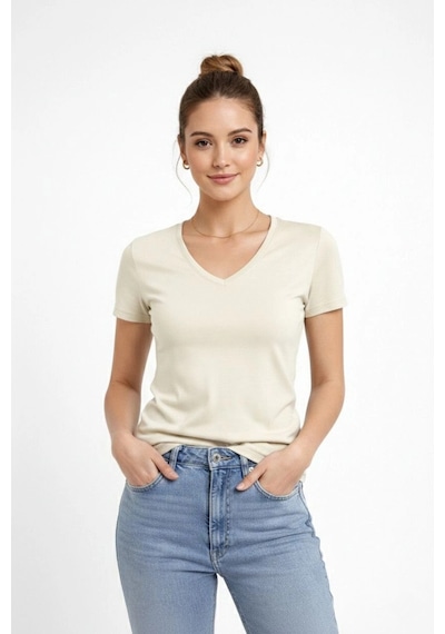 Wear Vexel Kadın T-shirt V Yaka Slim Fit Likralı Tişört Yazlık Basic Body - Taş Taş