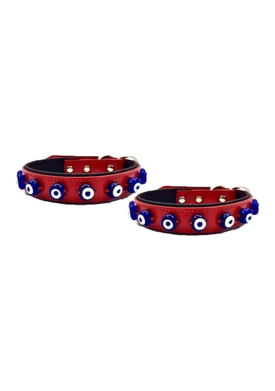 DESİNGSHOP Hakiki Deri Nazar Boncuklu Köpek Tasması Kırımızı 56cm
