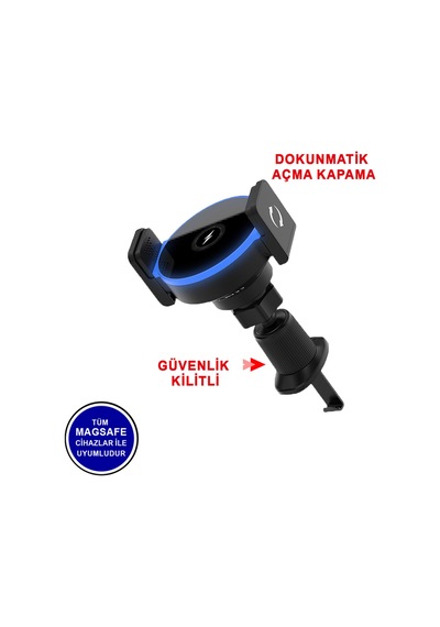 15w Kablosuz Hızlı Şarjlı Magsafe Uyumlu Otomatik Kelepçeli Araç Telefon Tutucu Çift Montaj Seçeneği Siyah