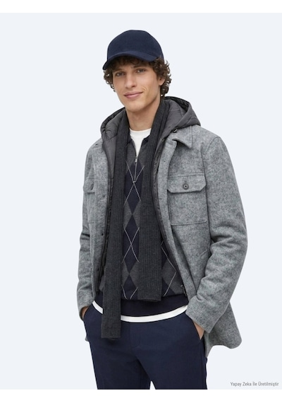 Kip Gri Regular Fit Kapüşonlu Smart Casual Dokuma Mont