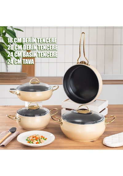 Lines L-5094-1 Yonca Güveç 7 Parça Tencere Seti - Krem Altın Kulp
