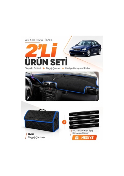 E-biz Mercedes W203 C-class 2000-2007 Uyumlu Torpido Örtüsü + Deri Çanta - Siyah-mavi - Mb005