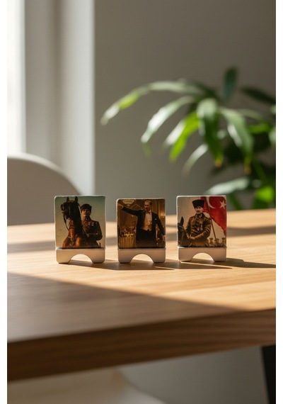 3 Lü Atatürk Mermer Tablo Seti 10x10 Cm Masaüstü Standlı Dekor, Hediyelik Ürün