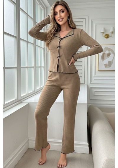 Bella Notte Bej Fiyonk Detaylı Uzun Kollu Pijama Takımı