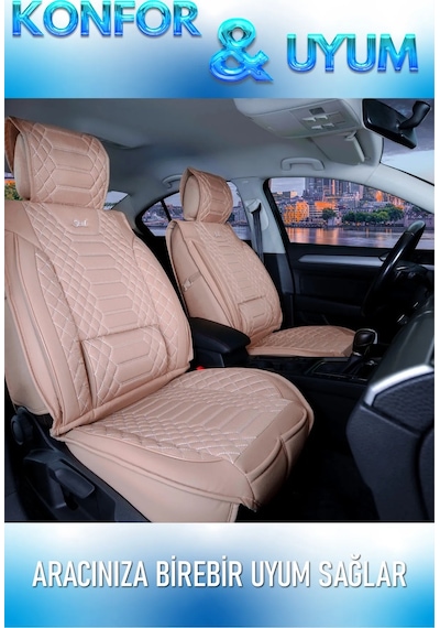 Mazda 2 Uyumlu Lüks Deri Oto Koltuk Kılıfı Ön Arka Takım Set Bej Royal Model Fs