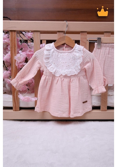 Babyhola Kız Bebek Çocuk Yazlık Elbise Müslin Önlüklü Şortlu Takım 22410 Somon