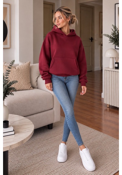 Lima Bordo Kadın Kapüşonlu Oversize Sweatshirt Kanguru Cepli Düz Renk Uzun Kollu Sweat