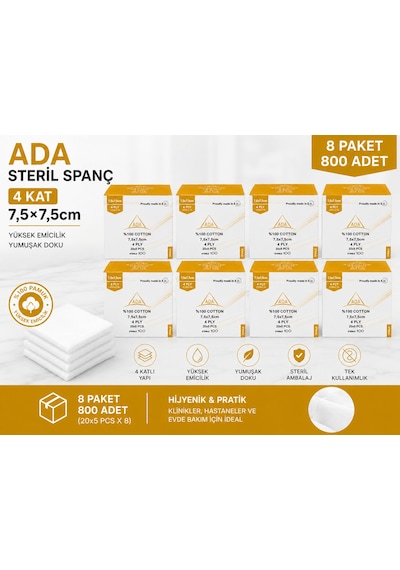 Ada Steril Spanç 4 Kat 7,5 7,5cm 100'Lü 8 Paket