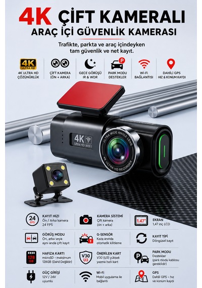 4k Ultra Hd Araç Kamerası Çift Lens Ön Arka Wi-fi Gps Park Modu Gece Görüşlü G-sensörlü Araç İçi Güvenlik Kamerası