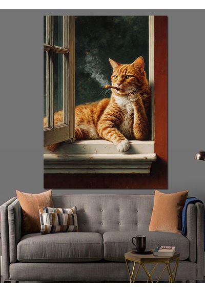 Ahşap Tablo Pencere Önünde Kedi Manzara