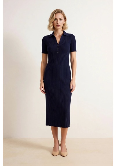 Benerly Kadın Polo Yaka Kısa Kollu Midi Elbise Triko Kumaş Bodycon Kesim Lacivert