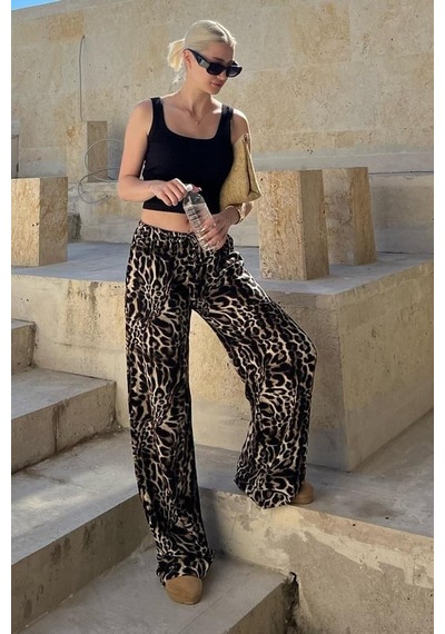 Madmext Koyu Siyah Ayarlanabilir Bel Leopar Desenli Bol Paça Pantolon Mg2095