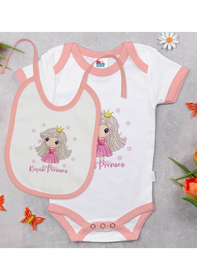 Bk Kids Küçük Prenses Tasarımlı Pembe Bebek Body Zıbın Ve Mama Ön Çok Renkli
