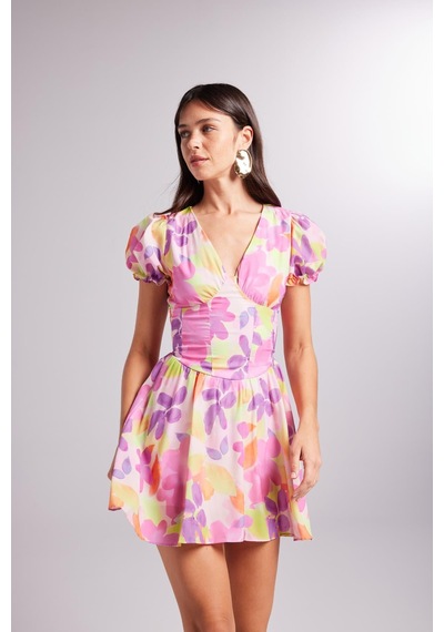 Holly Lolly Beli Korse Detaylı Çiçekli Mini Manica Elbise Pembe